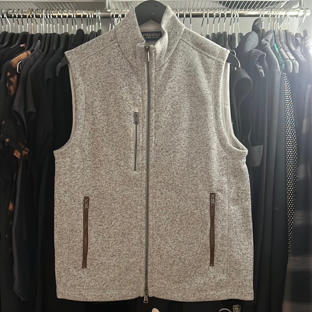 Polo Ralph Lauren Grey & Brown Leather Zip Vest Knit Fleece Lined Small